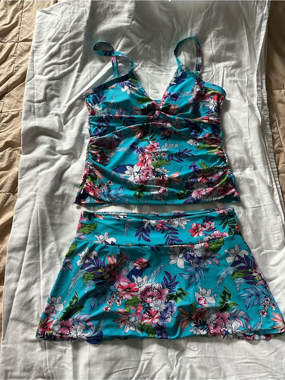 Floral Turquoise Swim Skirt with Tankini Top